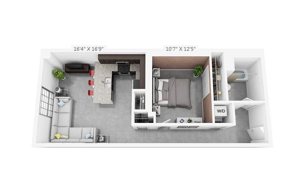 1F - 1 bedroom floorplan layout with 1 bath and 675 square feet.