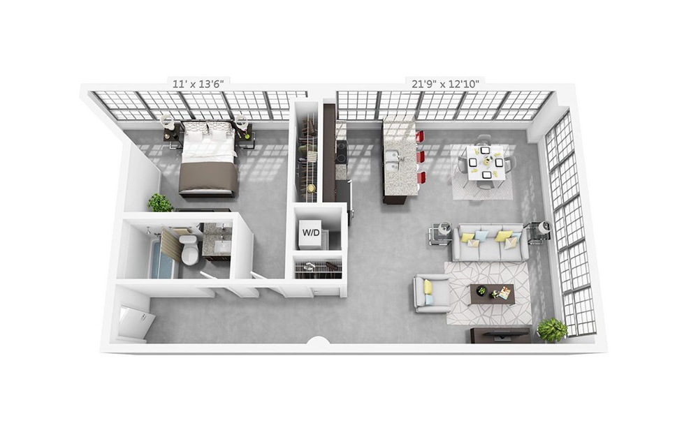 1P1 - 1 bedroom floorplan layout with 1 bath and 853 square feet.