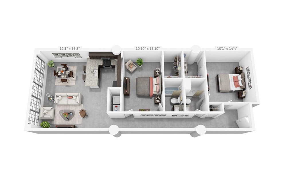 2A - 2 bedroom floorplan layout with 2 bathrooms and 1219 square feet