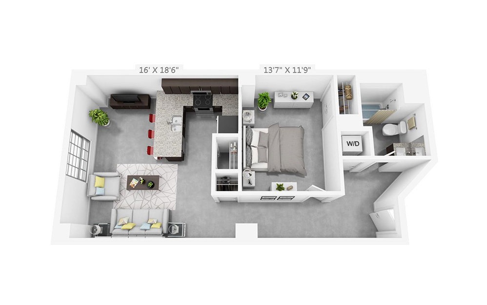 1H - 1 bedroom floorplan layout with 1 bathroom and 719 square feet