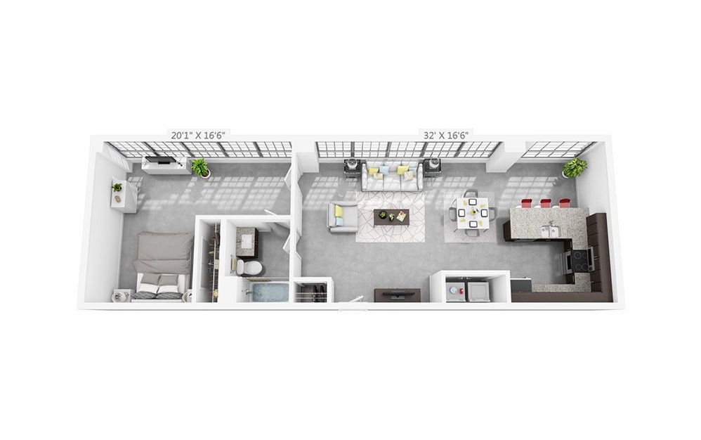 1C - 1 bedroom floorplan layout with 1 bathroom and 863 square feet