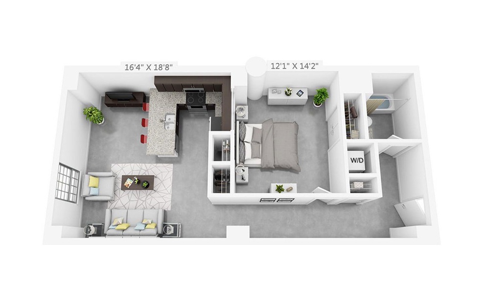 1D - 1 bedroom floorplan layout with 1 bath and 766 square feet.
