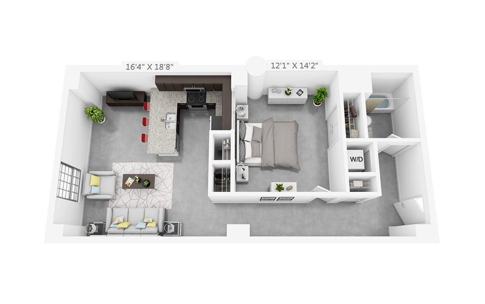 1D - 1 bedroom floorplan layout with 1 bathroom and 766 square feet