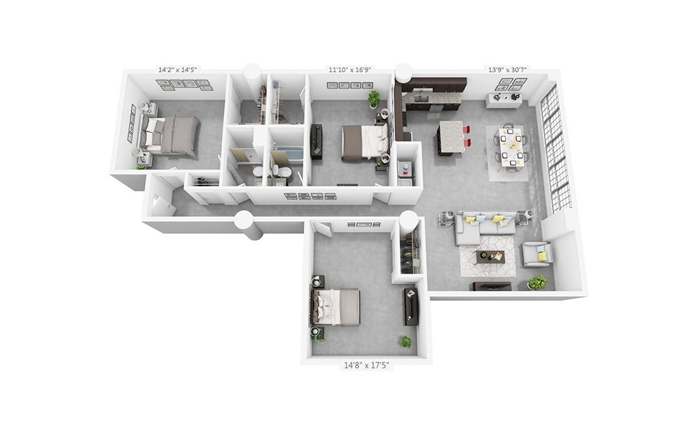 3C - 3 bedroom floorplan layout with 2 bathrooms and 1729 square feet