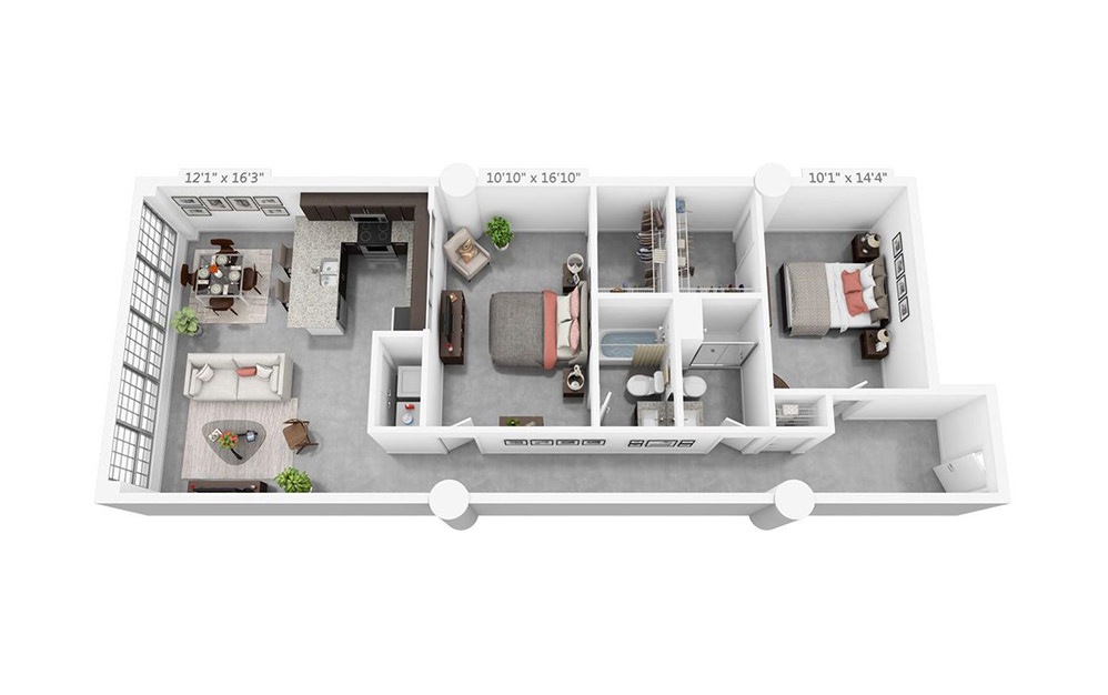 2B - 2 bedroom floorplan layout with 2 bathrooms and 1138 square feet