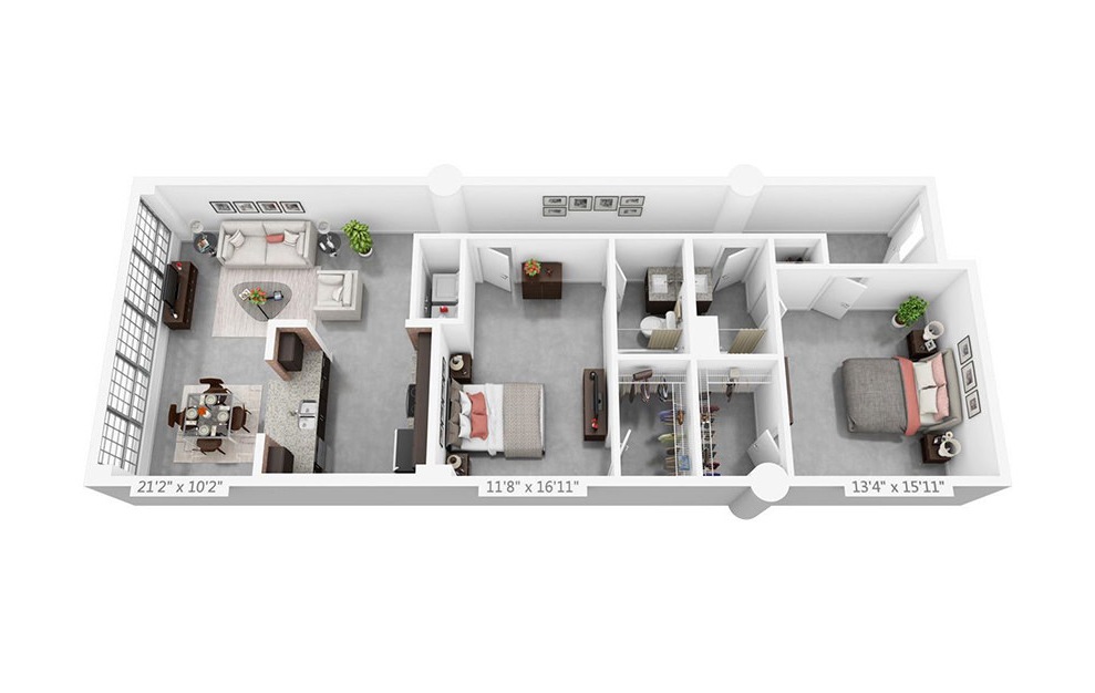 2D - 2 bedroom floorplan layout with 2 baths and 1219 square feet.