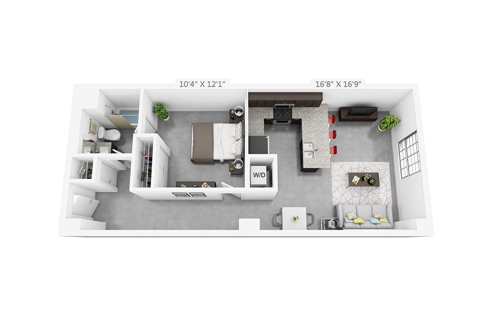 1K - 1 bedroom floorplan layout with 1 bathroom and 675 square feet