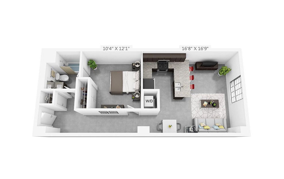 1K - 1 bedroom floorplan layout with 1 bath and 675 square feet.