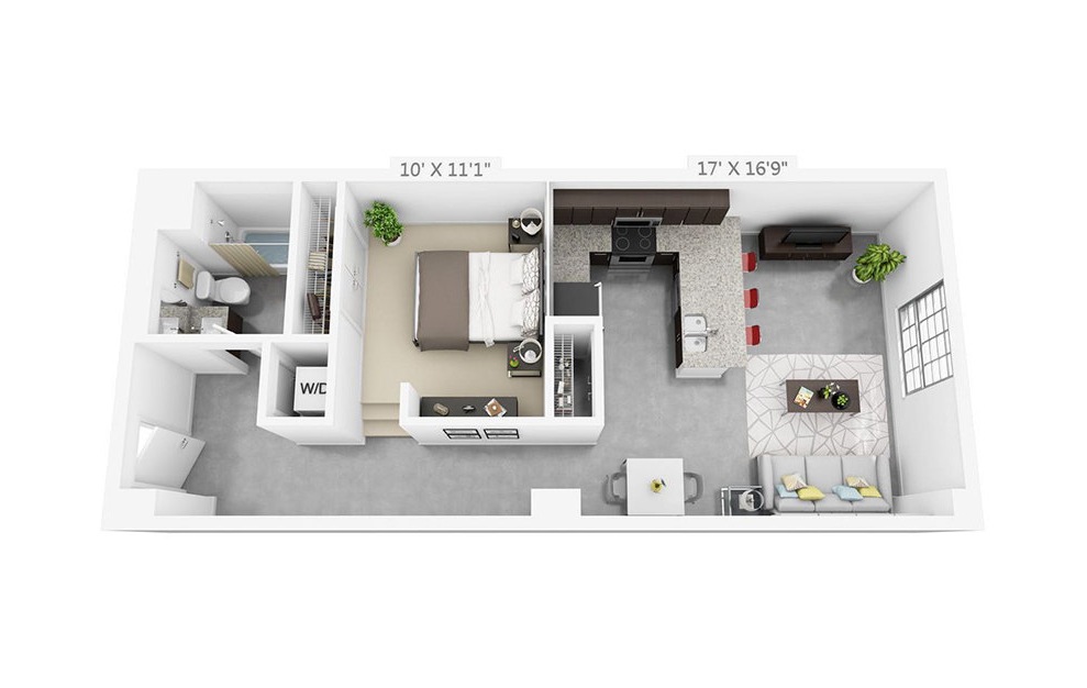 1E - 1 bedroom floorplan layout with 1 bath and 675 square feet.