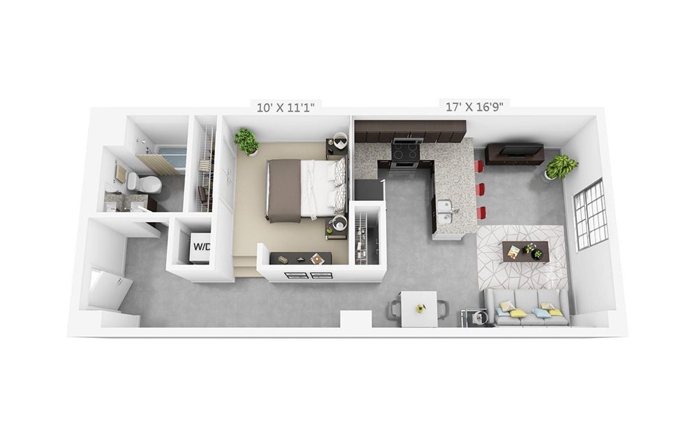 1E - 1 bedroom floorplan layout with 1 bathroom and 675 square feet