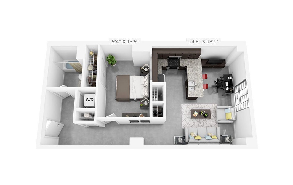 1J - 1 bedroom floorplan layout with 1 bath and 668 square feet.