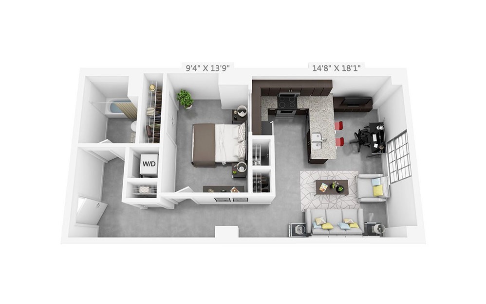 1J - 1 bedroom floorplan layout with 1 bathroom and 668 square feet