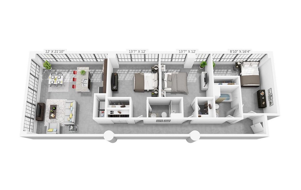 3A - 3 bedroom floorplan layout with 2 baths and 1385 square feet.