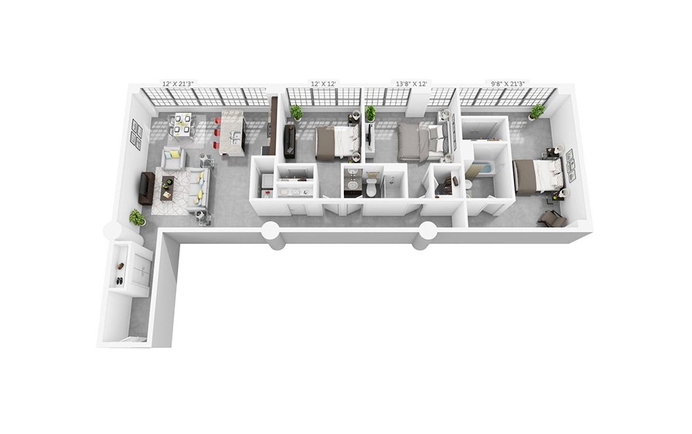 3B - 3 bedroom floorplan layout with 2 bathrooms and 1480 square feet