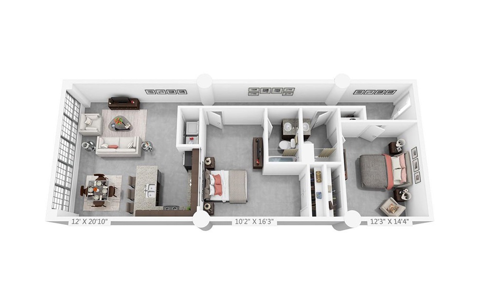 2E - 2 bedroom floorplan layout with 2 baths and 1142 square feet.