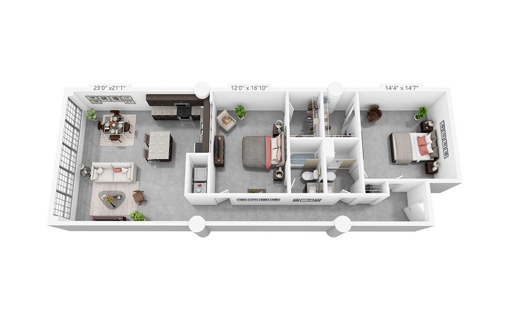 2C - 2 bedroom floorplan layout with 2 bathrooms and 1263 square feet