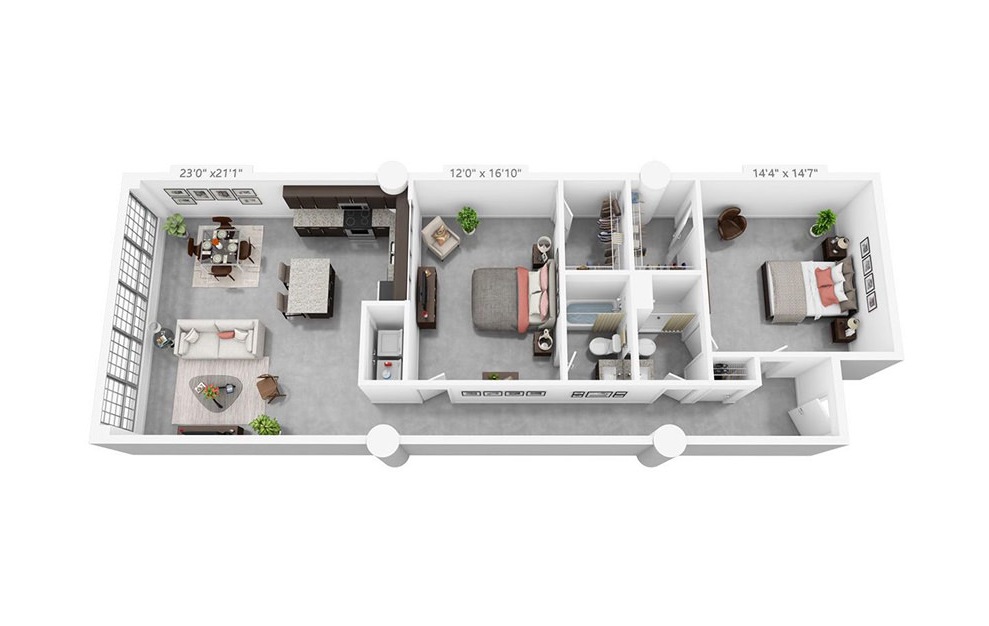 2C - 2 bedroom floorplan layout with 2 baths and 1263 square feet.