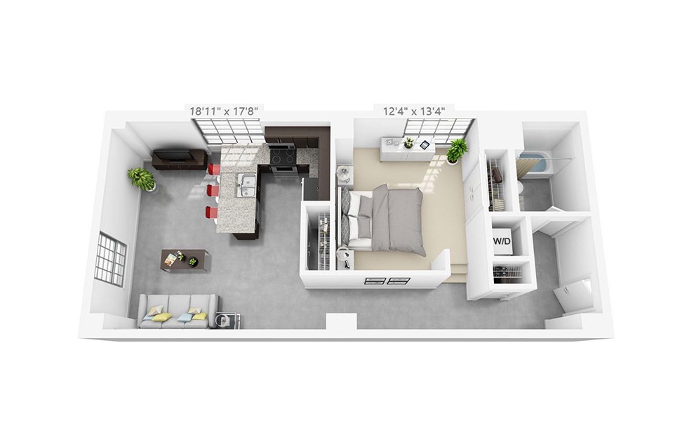 1L - 1 bedroom floorplan layout with 1 bath and 725 square feet.
