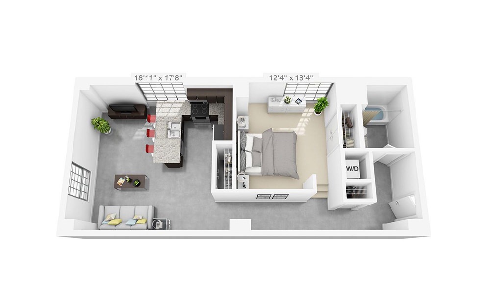 1L - 1 bedroom floorplan layout with 1 bathroom and 725 square feet