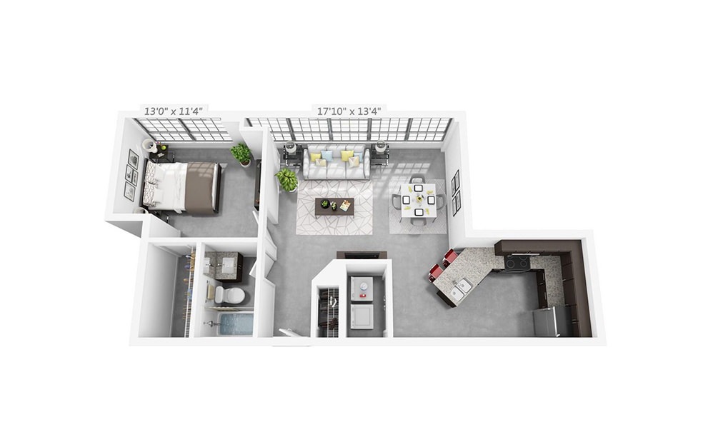 1N - 1 bedroom floorplan layout with 1 bathroom and 688 square feet