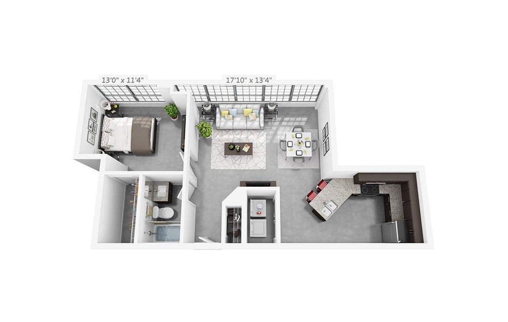 1N - 1 bedroom floorplan layout with 1 bath and 688 square feet.