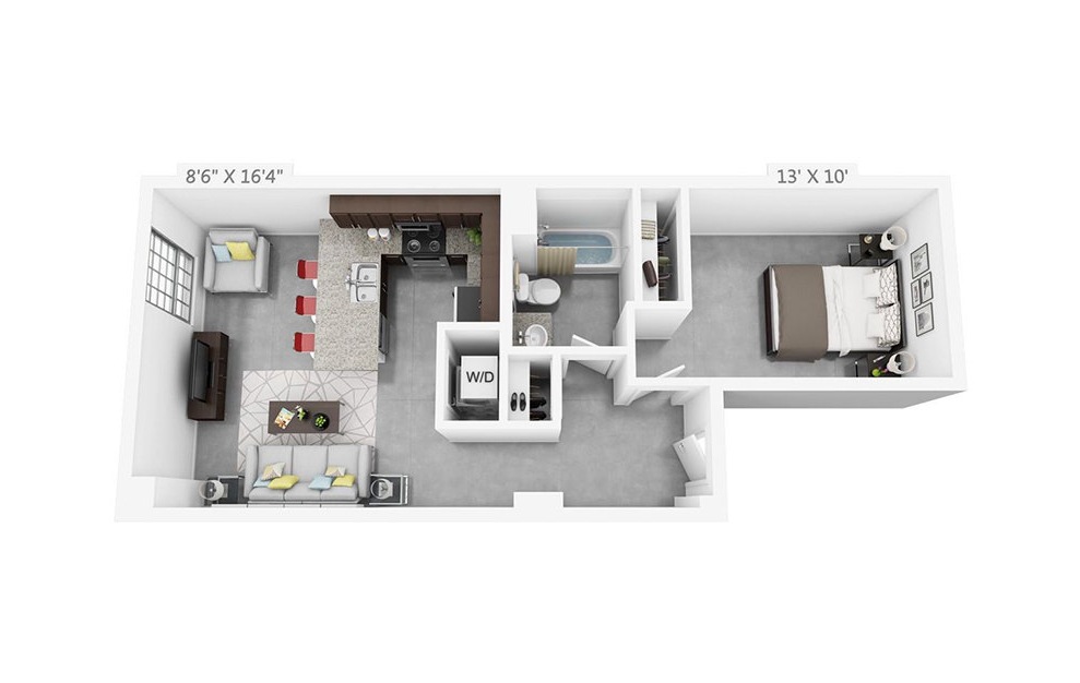 1G - 1 bedroom floorplan layout with 1 bath and 579 square feet.