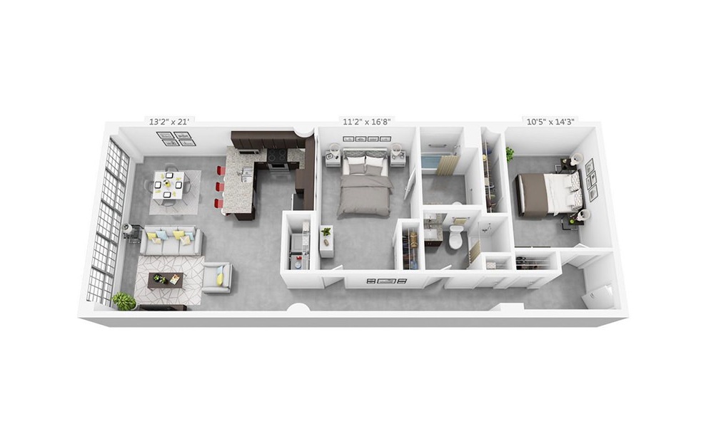 2F-ADA - 2 bedroom floorplan layout with 2 baths and 1142 square feet.